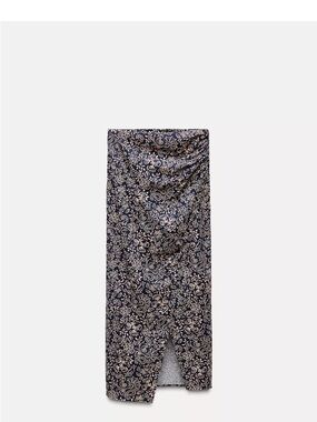 Zara Navy Blue and Cream Floral Faux Wrap Midi Skirt